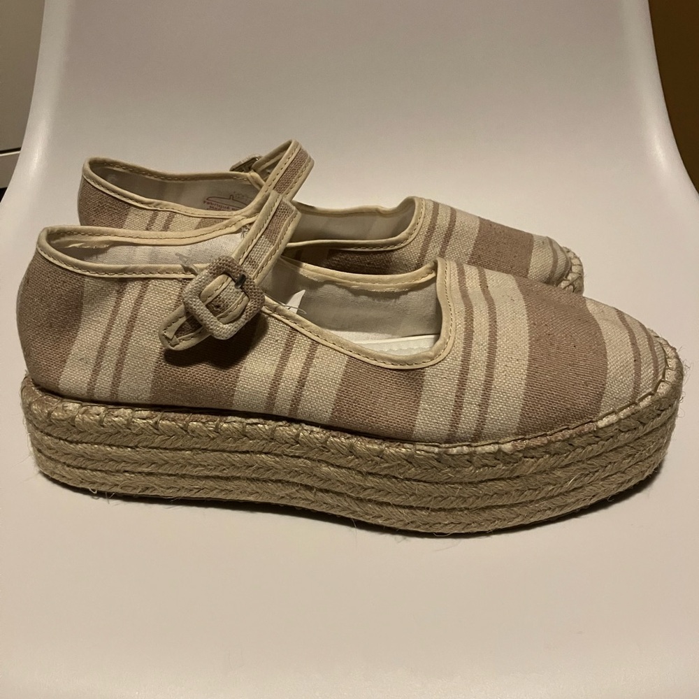 UO urban outfitters tan beige Striped Espadrilles Platform Mary Jane Shoes 10